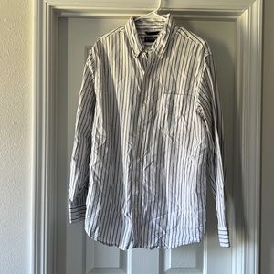 Navy blue and white striped causal chaps button up